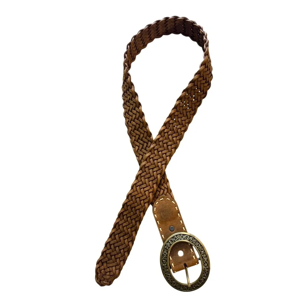 Vtg Brighton Womens Braided Leather Belt L/34 Brown Brass Buckle‎ Boho Western